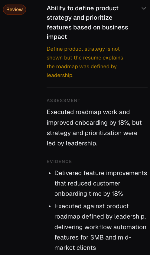 Ryger requirement assessment returning a Review verdict: the résumé claims product strategy ownership, but the evidence shows the roadmap was defined by leadership