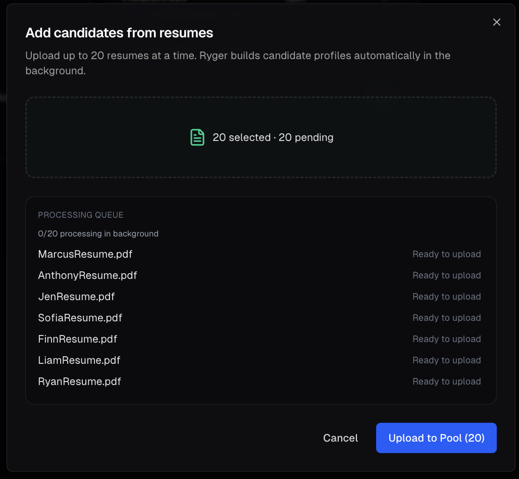 Ryger bulk resume upload flow for adding candidates to the network
