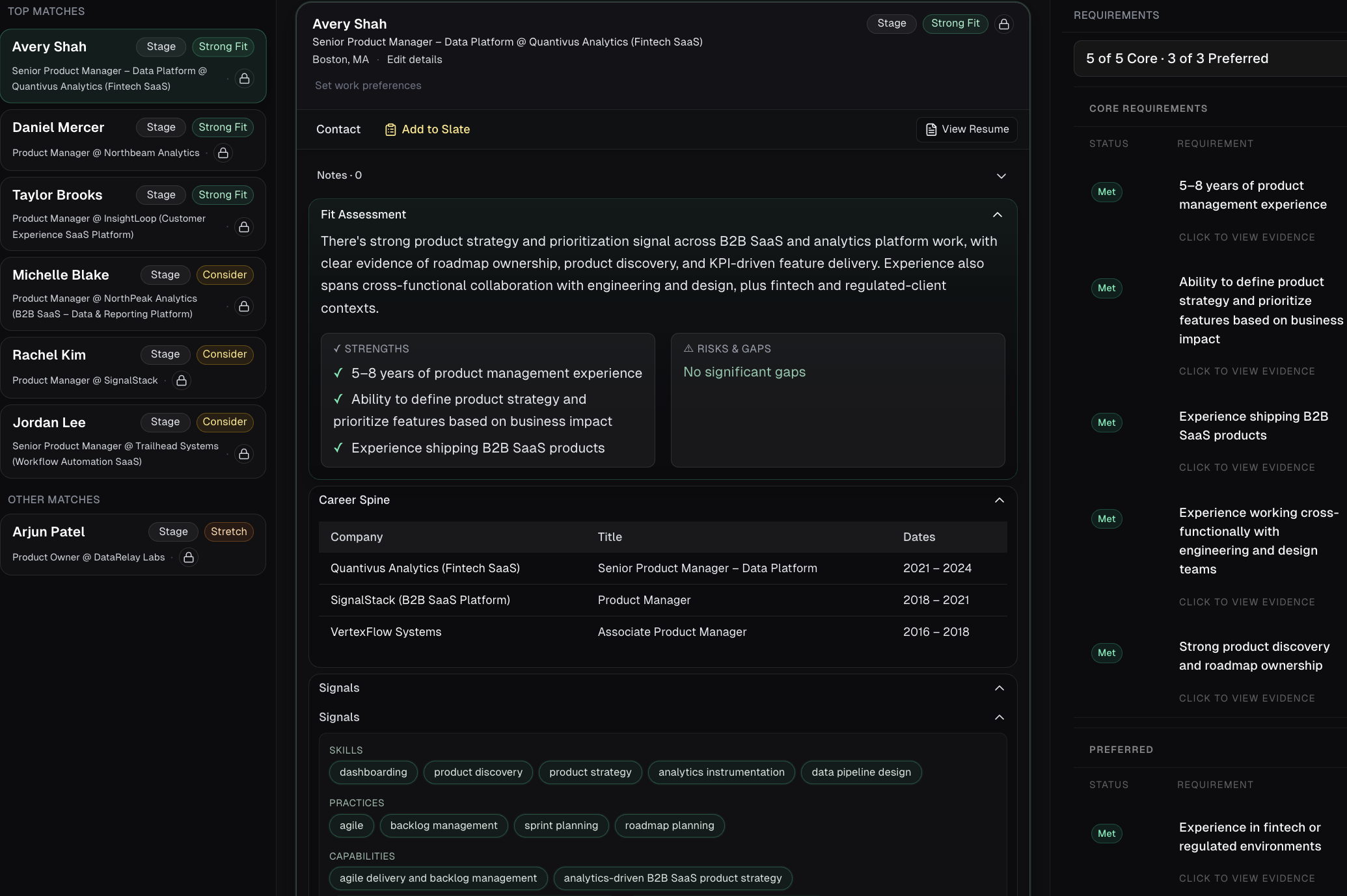 Ryger match workspace showing surfaced candidates, fit assessment, career spine, and requirement-by-requirement evaluation