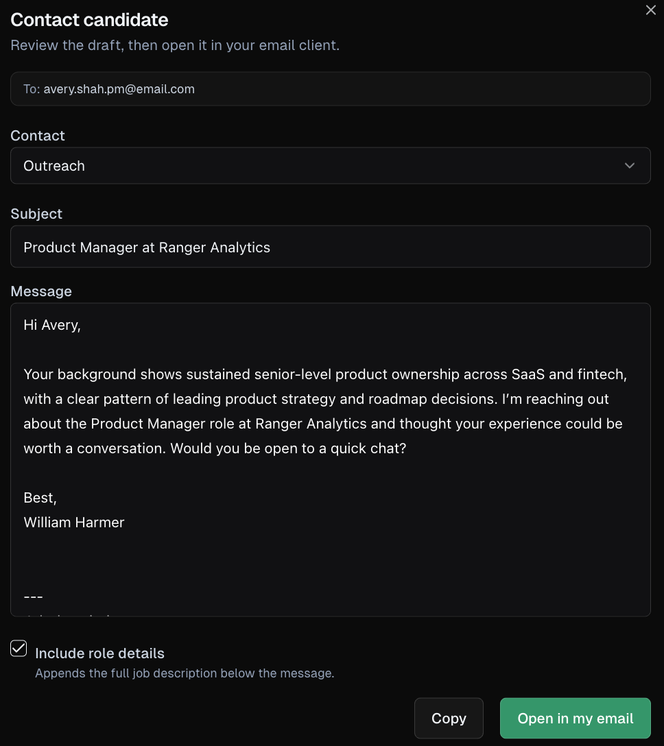 Ryger outreach email draft tailored to a candidate and role