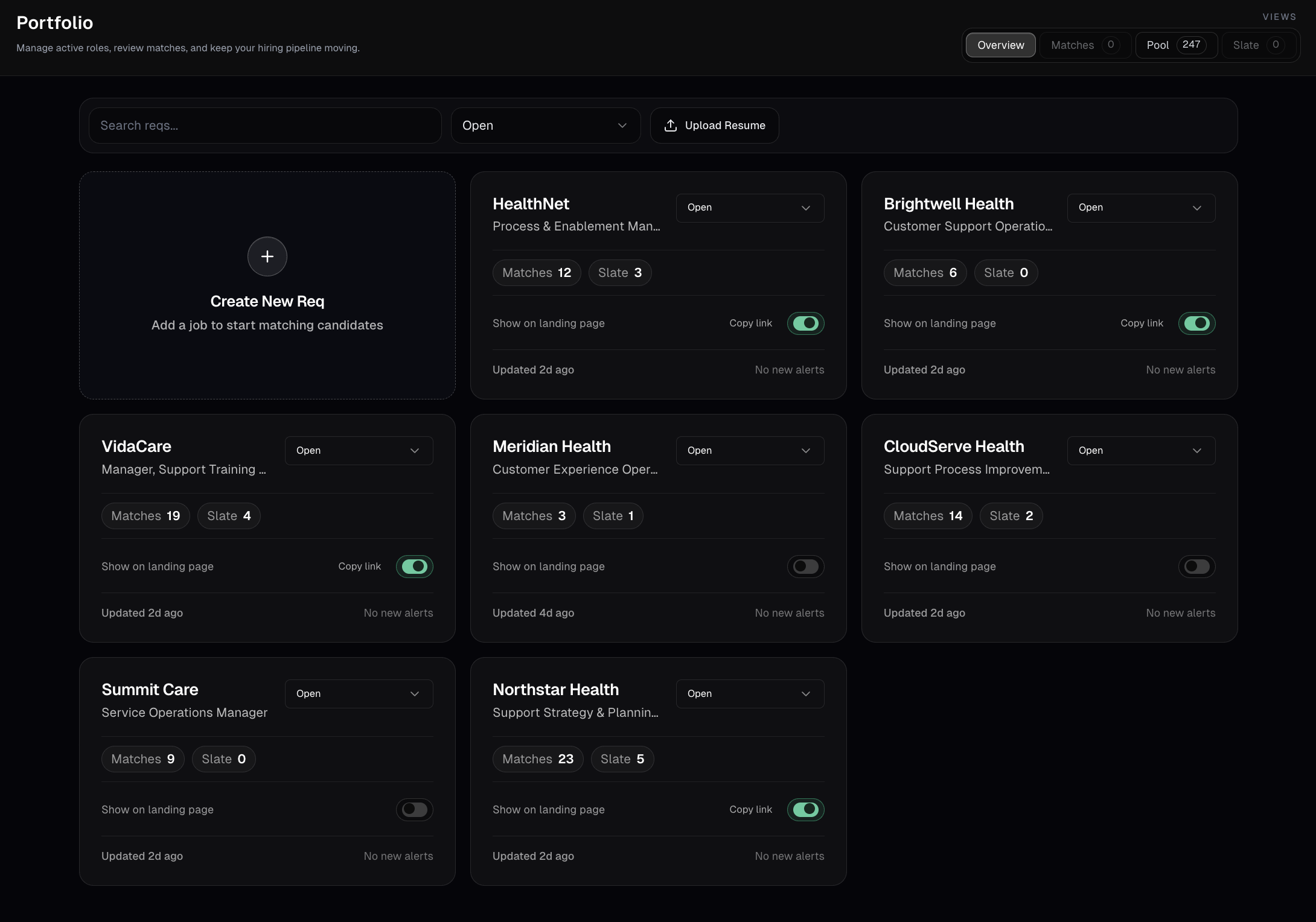 Ryger recruiter portfolio showing active roles, progress across reqs, and landing page visibility controls
