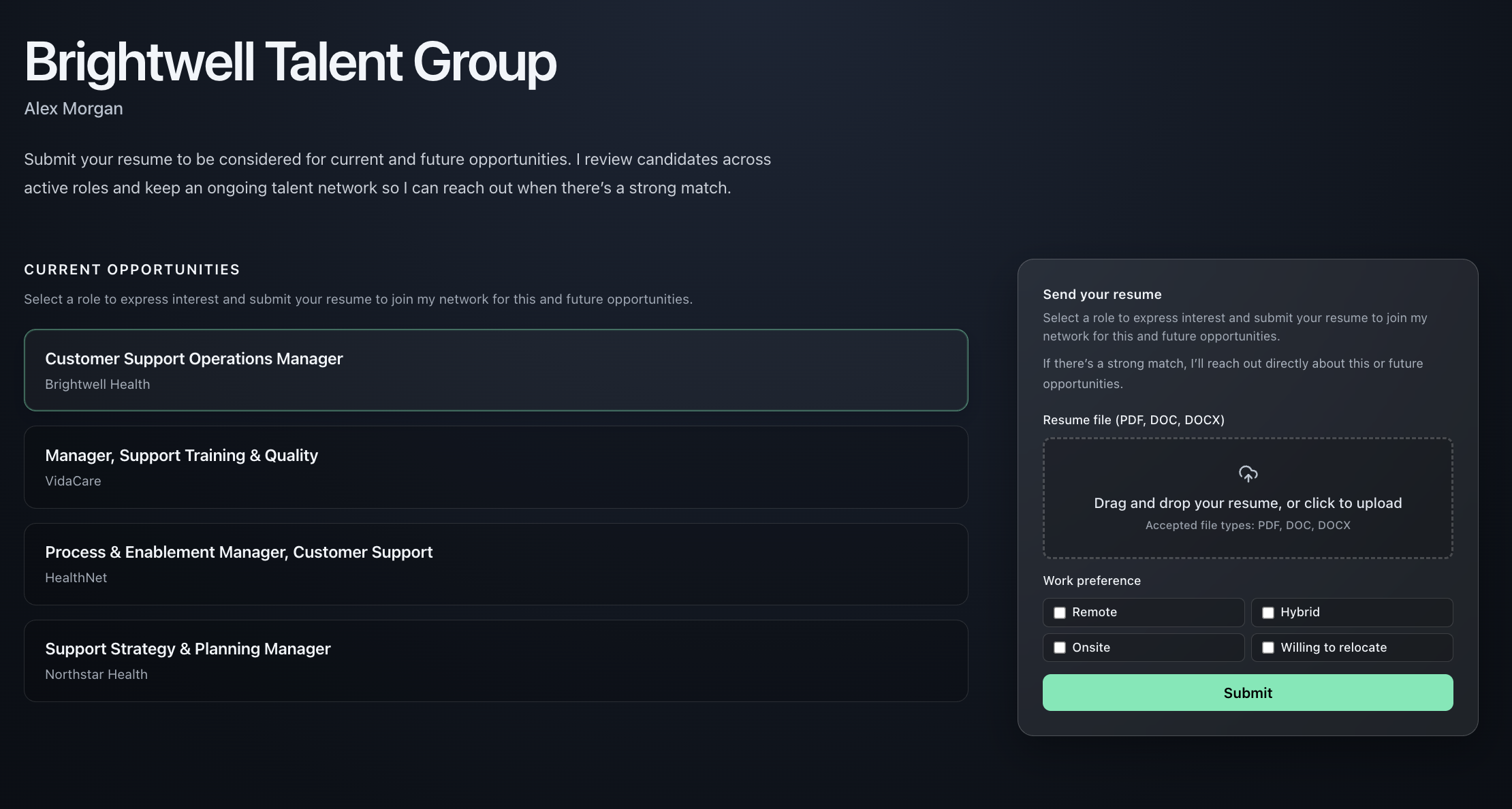 Candidate-facing Ryger recruiter landing page
